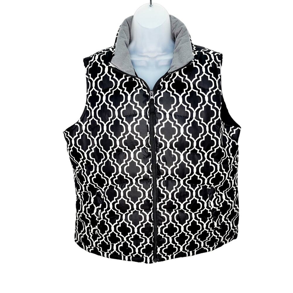Women's Large Quilted Puffer Vest Black White Geometric Zip Up Casual Layering
